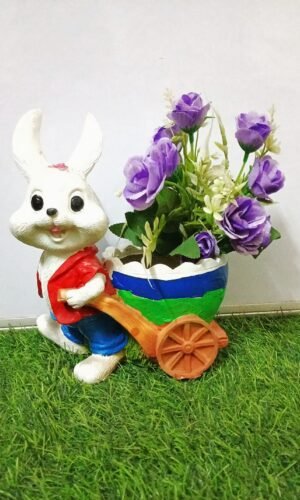 Whimsical Bunny Cart Planter – Garden Rabbit Figurine with Flower Pot – Colorful Resin Decor