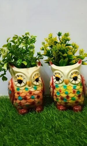 Set of 2 Retro Colorful Owl Ceramic Planters – Whimsical Succulent Pots