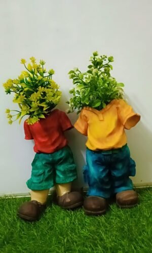 Set of 2 Headless Boy Planters – Whimsical Floral Head Figurines for Succulents