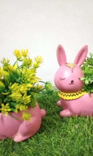 Blissful Pink Bunny Planter Set (Set of 2) - Folk Art Inspired Succulent Pots