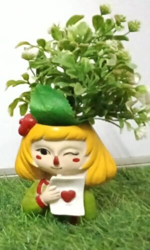 Cheerful Winking Doll Planter with White Mini-Bloom Succulents & Heart Note