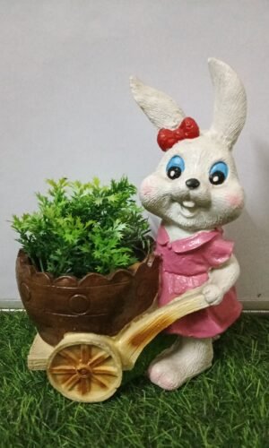 Delightful Bunny Figurine Planter in Pink Dress with Rustic Wheelbarrow (Indoor/Garden)