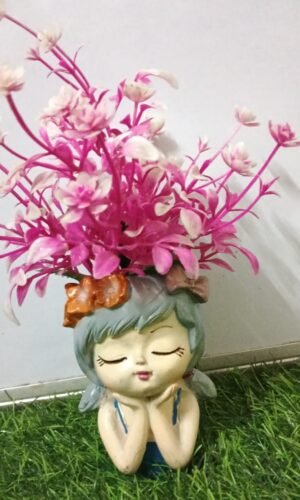 Serene Dreamer Girl Planter with Vibrant Pink Faux Blooms (Muted Blue Hair)