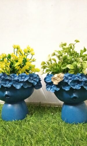 Modern Abstract Face Planter Set (Set of 2) with Indigo Floral Crown