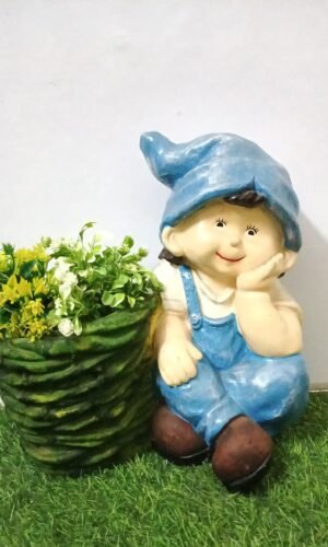 Whimsical Garden Gnome & Green Wicker-Look Planter Set - Hand-Painted Decorative Elf Figure
