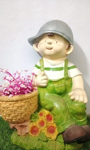 Cheerful Young Gardener Boy Statue with Basket Planter - Hand-Painted Whimsical Polyresin Decor